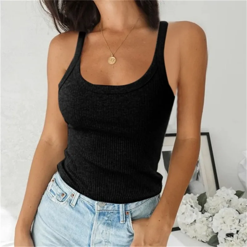 Léto úplet tílko nejvyšší bez rukávů ženy sexy základní camisole T košile bílá pryč rameno žebrované černá komora nejvyšší ležérní O krk tees