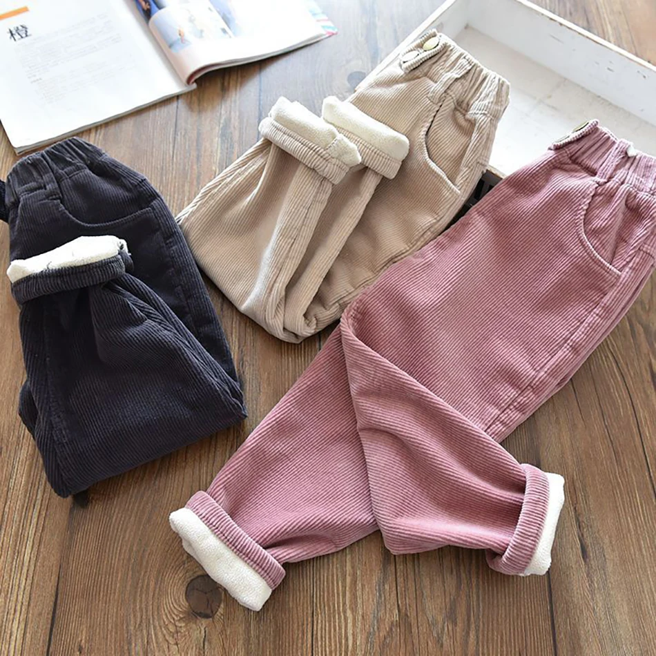 Thickened Baby Girls Corduroy Pants with Fleece Lining Perfect for Autumn Winter Chilly Days and Comfortable Outdoor Daily Wear