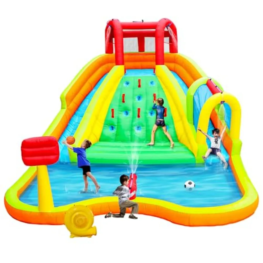 

Inflatable Water Double Slides Park for outdoor use, PVC material, blue and yellow, dual-lane wet/dry sliding with arched water