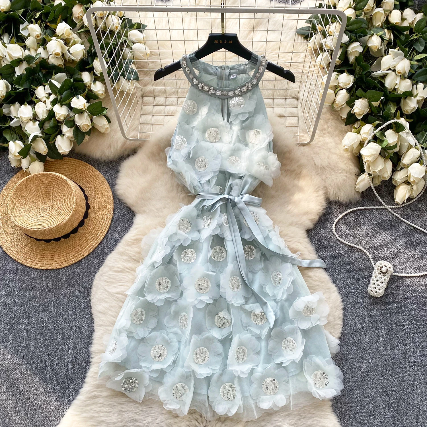 

ALPHALMODA 2025 New, Embroidered, Bead Sequin Flower, Sleeveless, Halter Neck, Dress for Women, Summer, Belted Stylish Dress