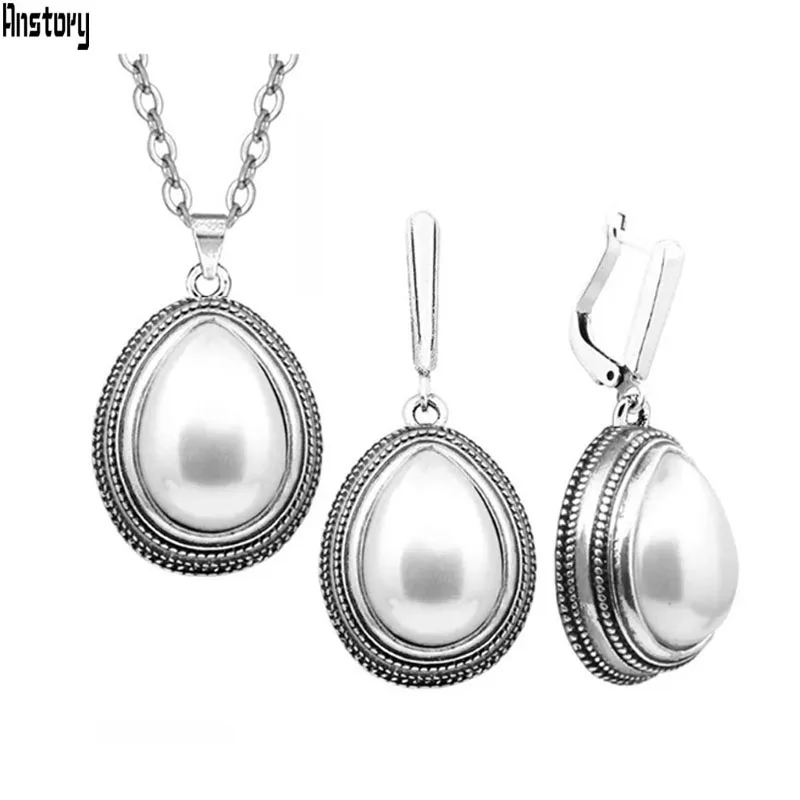 Water Drop Pendant Pearl Jewelry Set Vintage Necklace Earrings Set For Women Stainless Steel Chain Fashion Style Party Gift