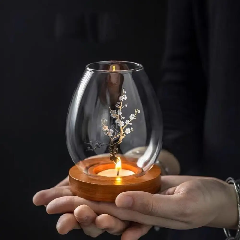Glass Candlesticks with Cup Cover Transparent Round Candle Holders Home Decor with Wood Base Table Decoration Ornaments Wedding