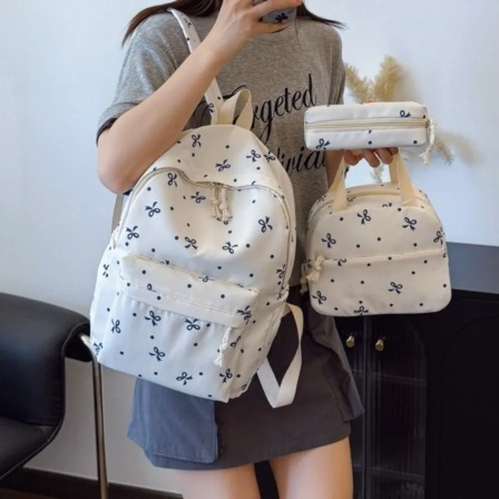 Daypack Three-piece School Bag Set Large Capacity with Pen Bag Nylon Bow Backpack Handbag Durable Students School Bag Outdoor