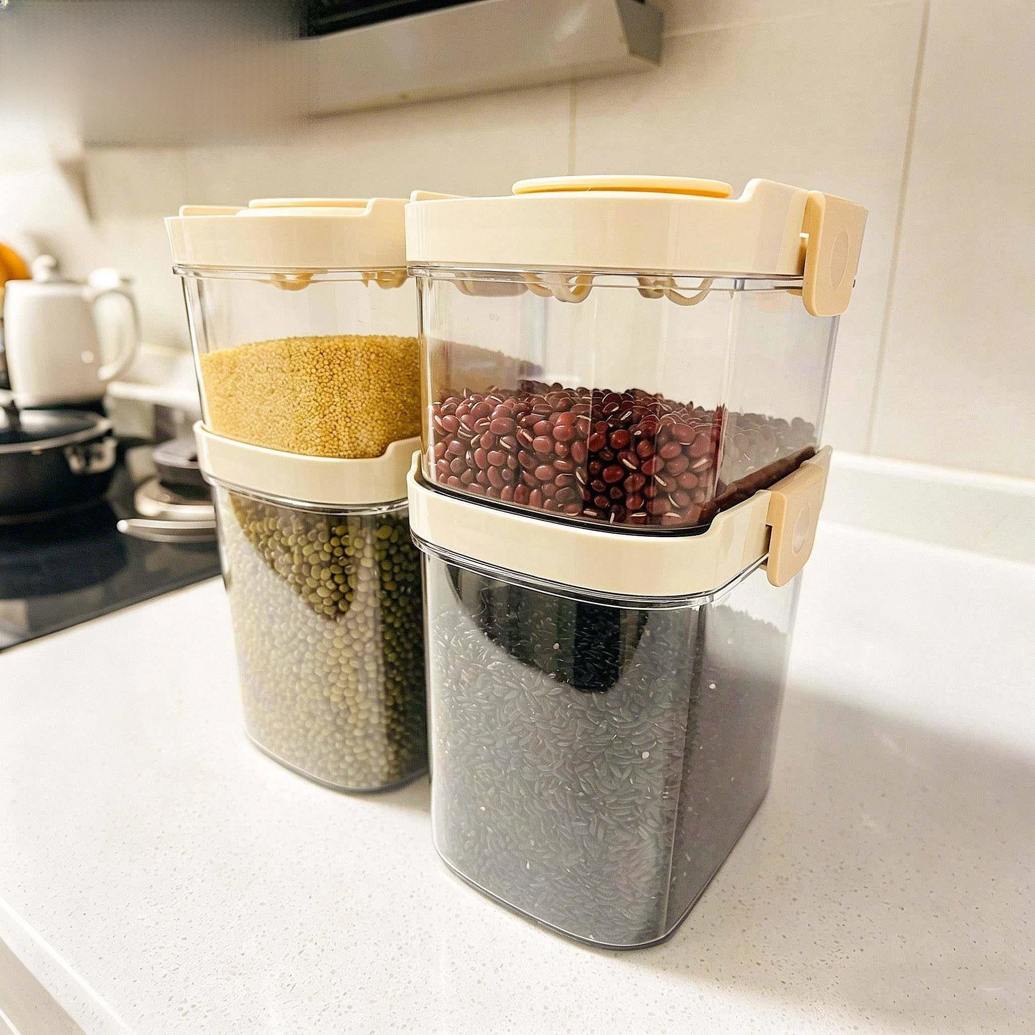 

Kitchen Storage Box Transparent Humidity Proof Grain Nut Storage Container Five Grains Sealed Jar Retractable Food Storage