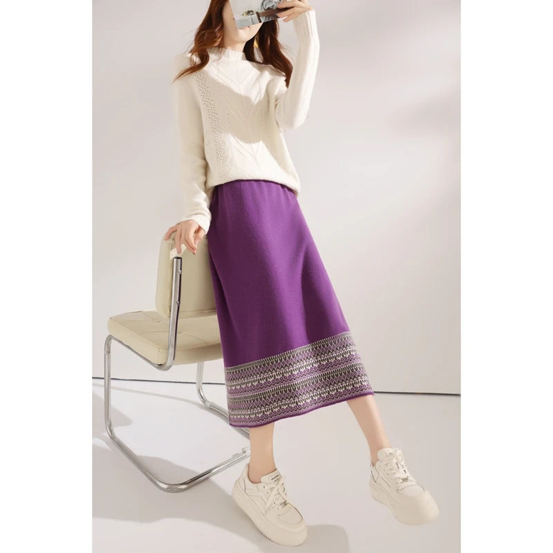 Fall/Winter New Thickened Skirt 100 Pure Wool National Style Contrast Skirt With Long Waist And Slim Weave