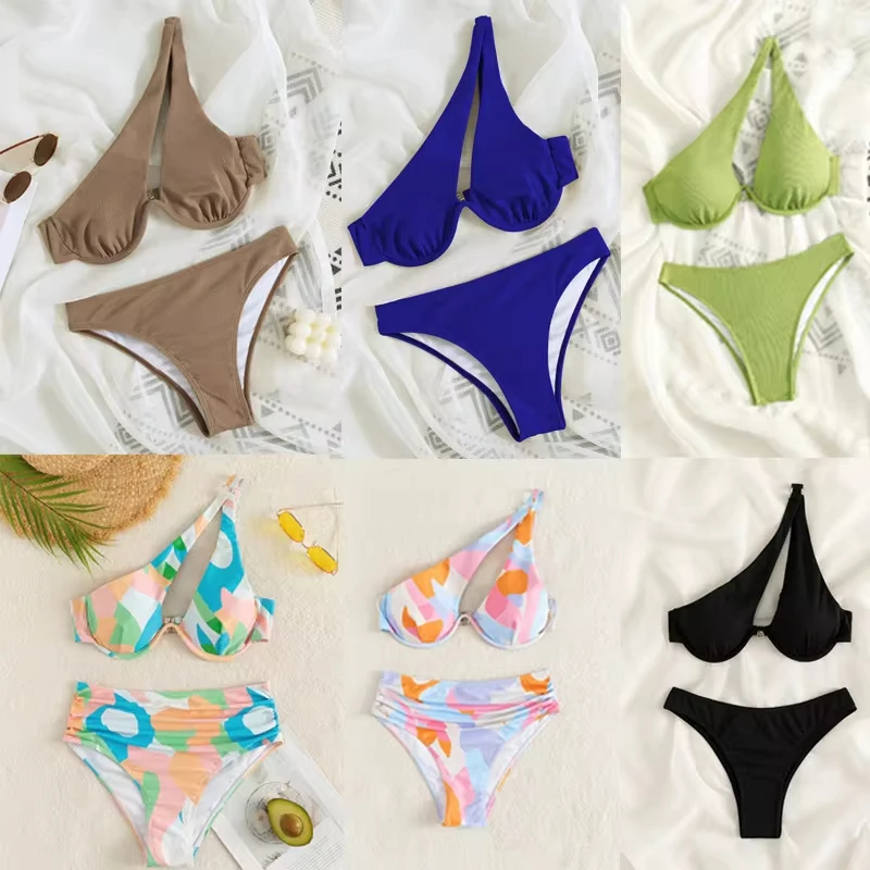 

Sexy One Shoulder Split Bikinis 2 Piece Set Women Swimsuit High Waist Backless Hollow Out Bikinis 2025 New Summer Bikinis Set