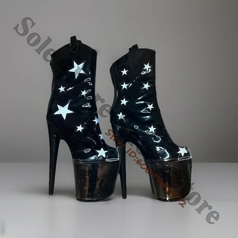 White Star Patch Gloss Patent Platform Stiletto Ankle Boots Mirror Metallic Thick Sole Rear Zip Mid Calf Booties Stage Boots