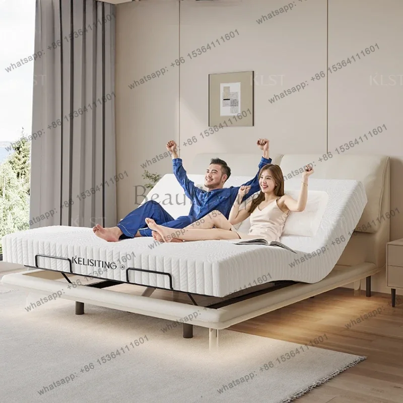 

Elegant Modern White Double Bed Frame Luxury Leather Villa Smart Bed Adjustable Electric Cama Matrimonial Bedroom Set Furniture