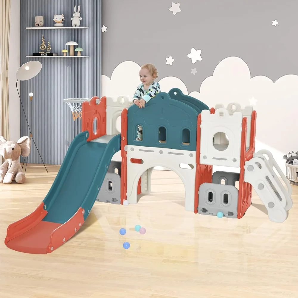 

Kids Slide Playset Structure,Freestanding Castle Climber with Slide and Basketball Hoop,Climbers Playhouse for Indoor