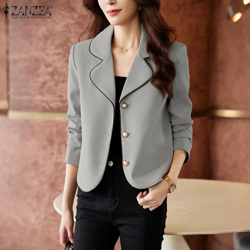 

ZANZEA 2026 Весенний короткий блейзер с контрастной отделкой, женский пиджак с вырезанными лацканами, длинными рукавами и застежкой на пуговицах, офисная одежда для женщин, пальто