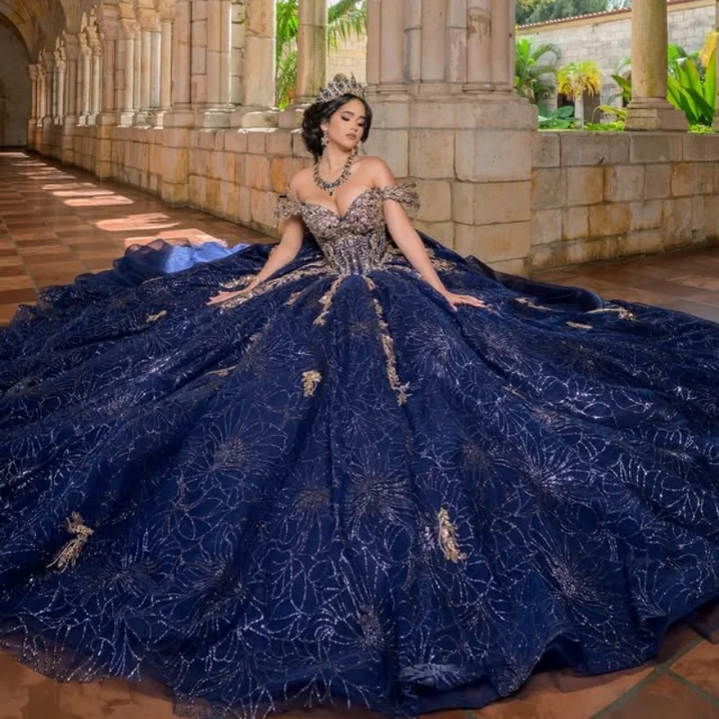 

Shiny Dark Blue Quinceanera Dress off-shoulder gold Sequins Crystal Decal Long tail Bow Vestidos De 15 Quinceanera ﻿Customize