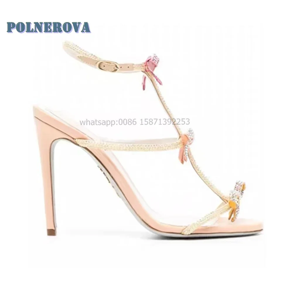 Bowknot strass T-Tied sandali Sexy Open Toe Stiletto One Word Buckle Shallow Women Heels Slingback scarpe da festa per ragazza piccanti