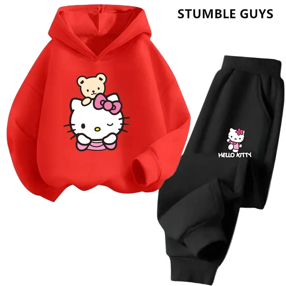 Hello Kitty Boys Girls Hoodie Trousers Set Children\'s Trucksuit Sweatshirt + Sweatpants Two-piece Fashion Set 3-14T Kids Suit