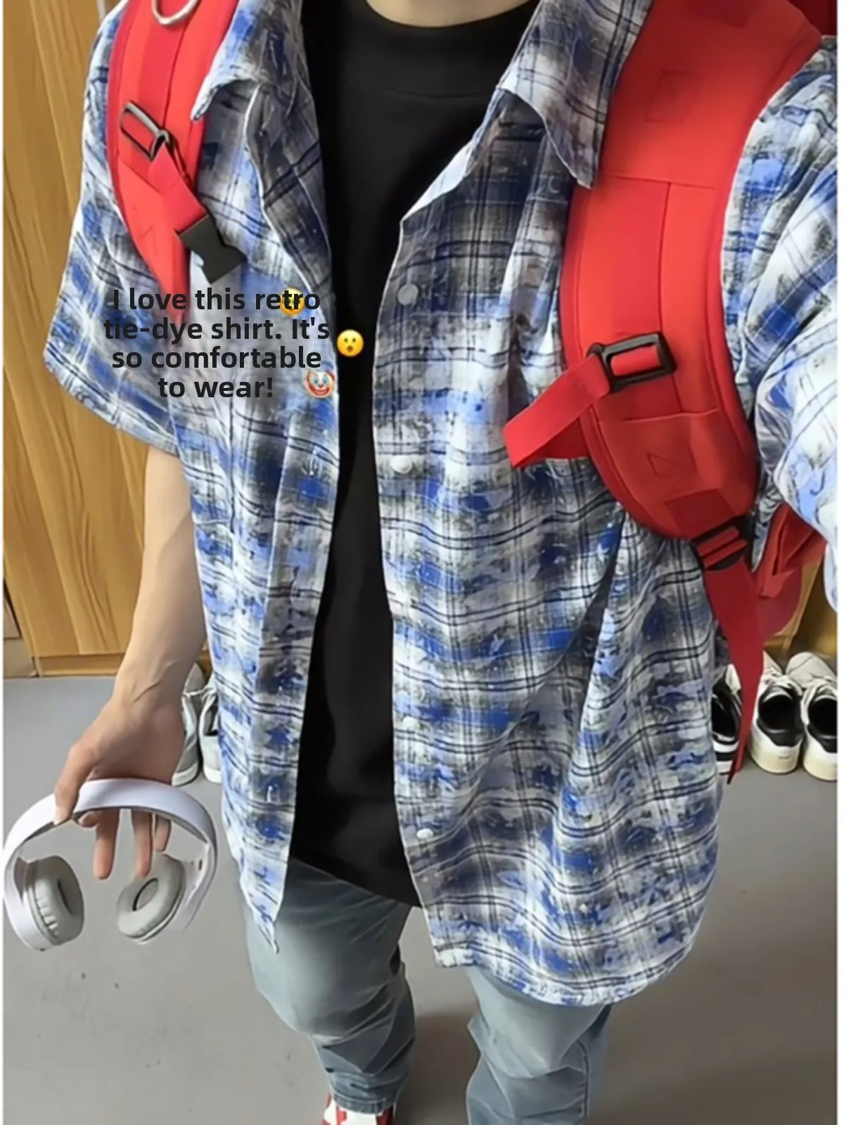 

Blue Summer Plaid ort Sve Men's irt Sun Protection f Sve American Sle Trendy Outerwear High Street Vibe C...