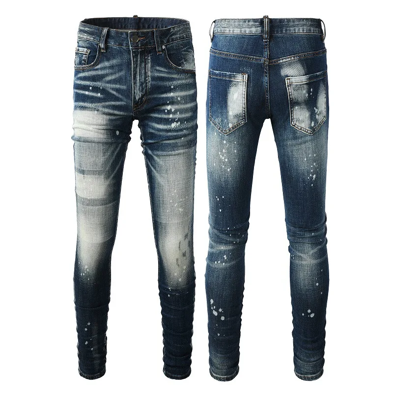 

Fashion D2 Ripped Patch Retro Blue Jeans for Men Stylish Distressed Denim Pants
