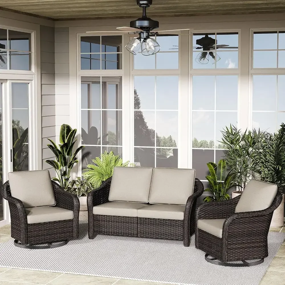 3-Piece Outdoor Patio Set with 55 Sofa, Washable Cushions, Swivel Rocker Chairs, and 2-Seat Wicker Couch in Beige