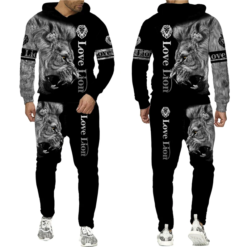 Autumn and Winter Men's 2-piece Lion King 3D Printed Hoodie + Pants Suit Fashion Couple Hoodie Sportswear Suit Men Clothing