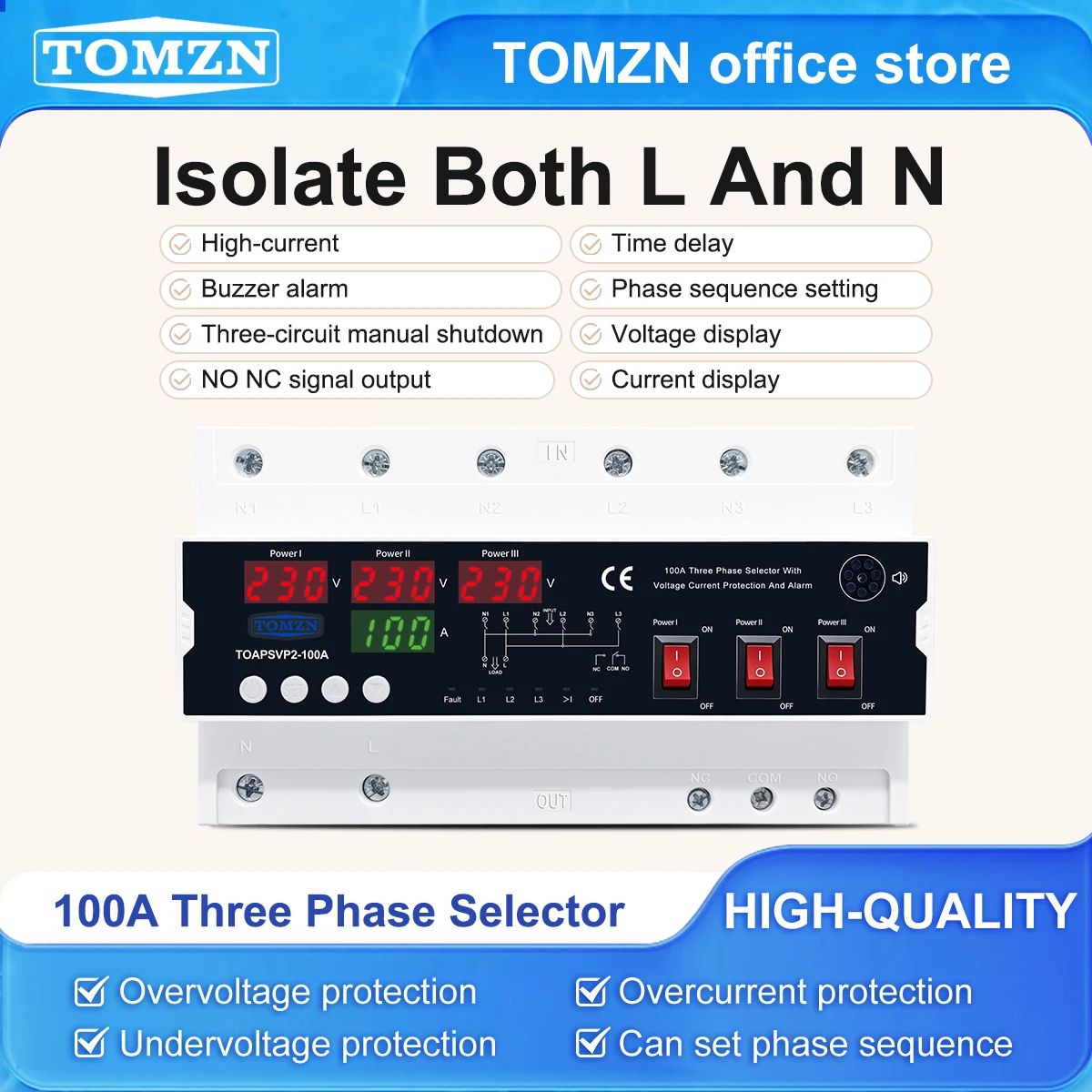 

TOMZN TOAPSVP2-100A 100А Трехфазный селектор напряжения и тока с защитой и сигнализацией, 3 входа, 1 выход, отключение L N U-I, дисплей, NO NC