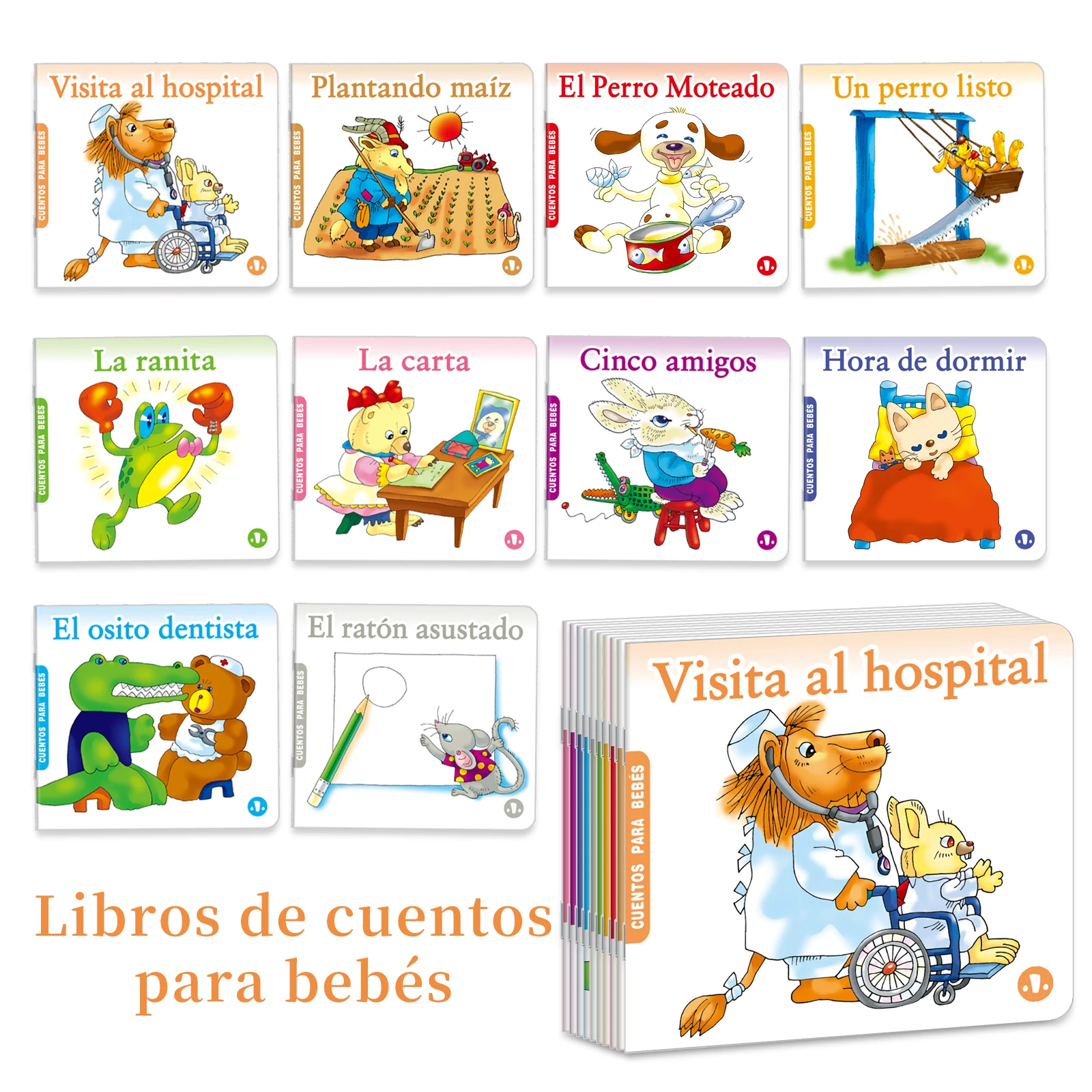 1 Set Of 10 Baby Bedtime Story Books Children's Enlightenment Puzzle Books Cute Animal illustrations Classic Stories Spanish