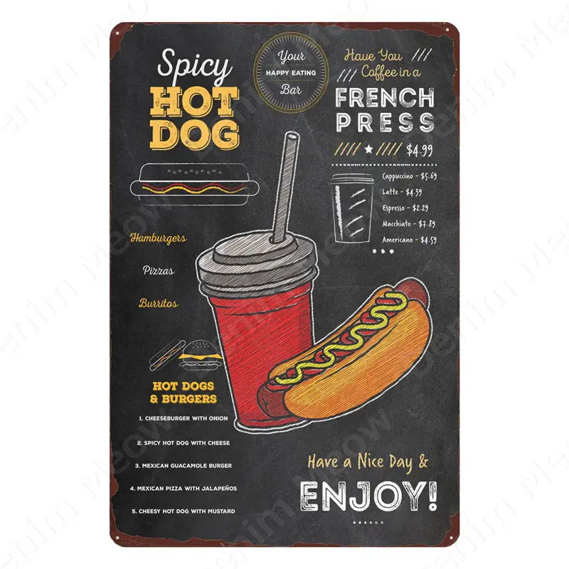 Fast Food Menü Vintage Blechschild, BBQ Menü, Metallposter, Burger, Pizza, Wanddekoration für Party, Küche, Heimdekoration, N460 – Detail 3