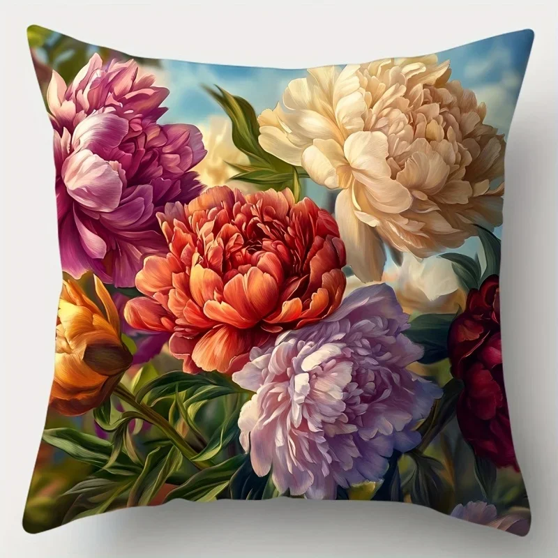 Vibrant Floral Bouquet Throw Pillow Covers Set - Realistic Peony and Rose Garden Print for Home Decor