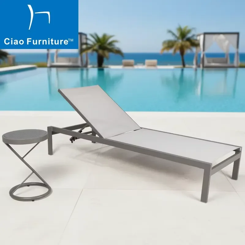 2026 High Quality Outdoor Hotel Pool Side Deck Furniture Aluminum Frame Textile Mesh Fabric Beach Chaise Chair With