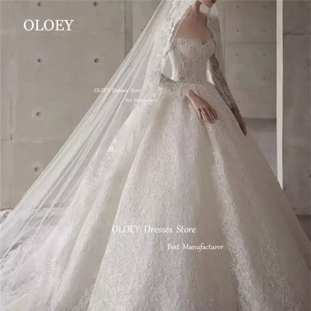 OLOEY Exquisite Ivory Lace Sweetheart Wedding Dress Long Sleeves Bridal Gown A Line Custom Made Floor Length Ball Gown Corset