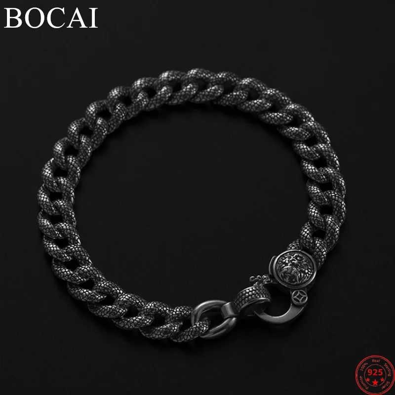 

BOCAI S925 Sterling Silver Bracelets for Men New Fashion Loong Head Dragon-scale Pattern Cuban Link Chain Jewelry Free Shipping