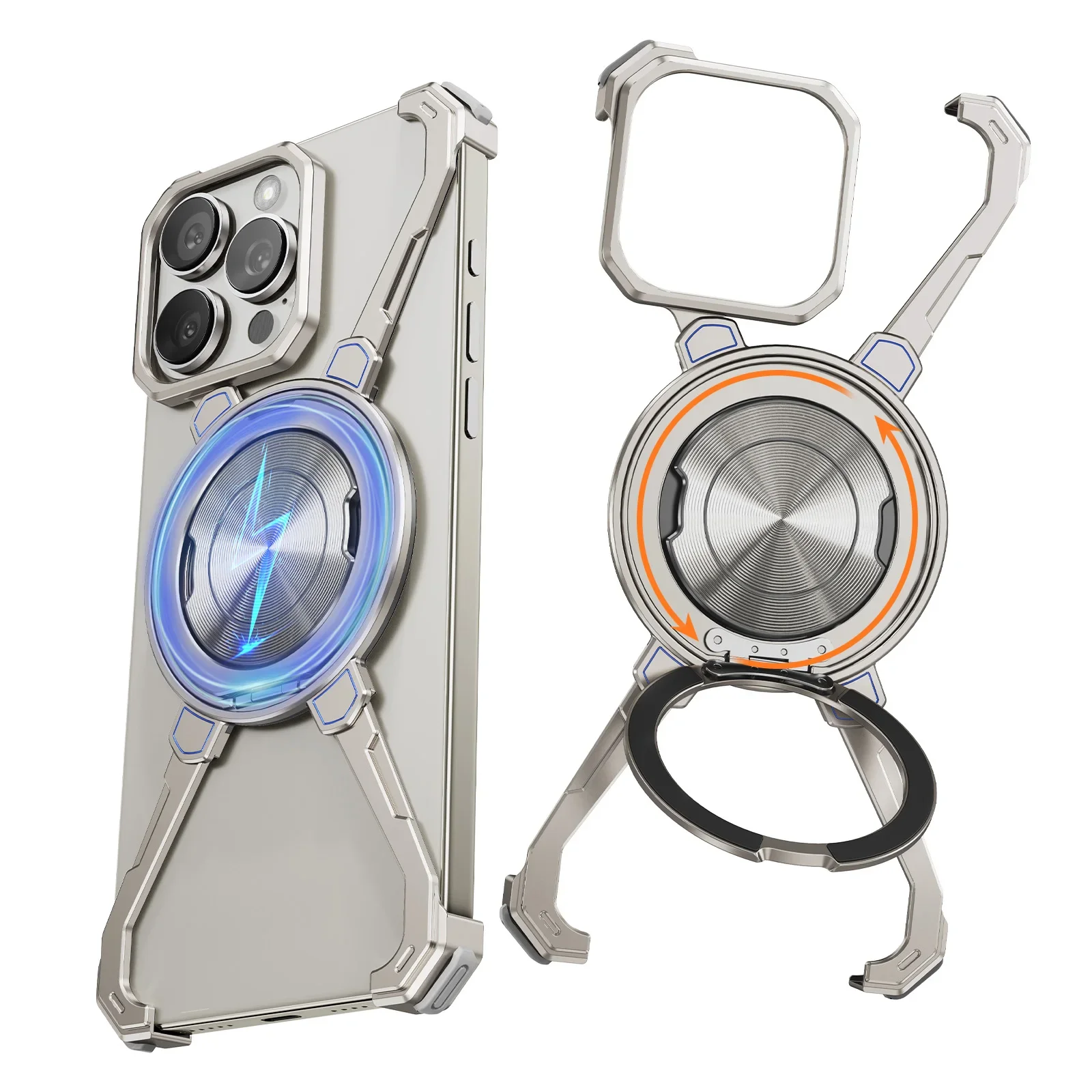 

Oatsbasf X Shape Frameless Case for iPhone 16 15 14 13 Pro Max w/ Ring Stand Bezel Less Metal Shockproof Bumper Phone Cover