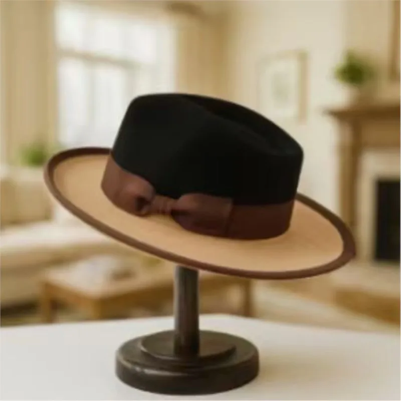 A color-blocked knot decorated top hat made of pure felt