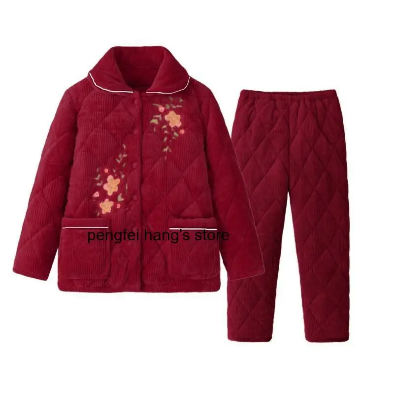 Middle Aged Ladies Three Layer Quilted Flannel Sleepwear Set Fall Winter Thick Warm Soft Loose Home Loungewear Two Piece Suit
