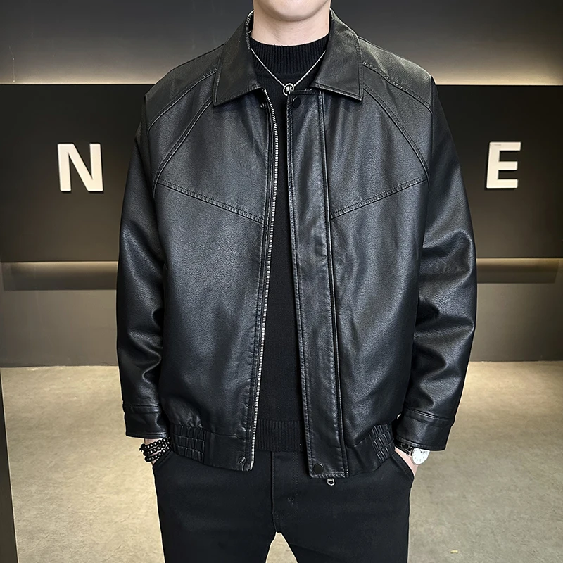 

Men's Leather Jaet Spring 2025 New Retro Trendy Flip Collar Faionable Versatile Motorcycle Leather Jaet Top