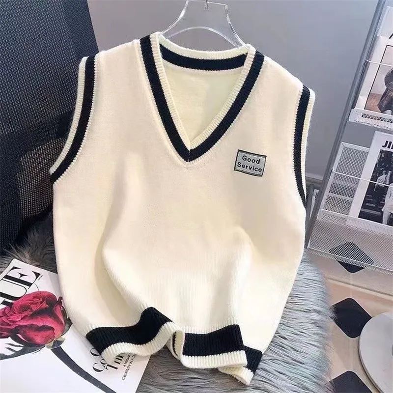 White Top and Vest Korean Academy Style Loose Slim Pullover Sleeveless Tank Top Sweater Autumn and Winter V-neck Knitted Vest