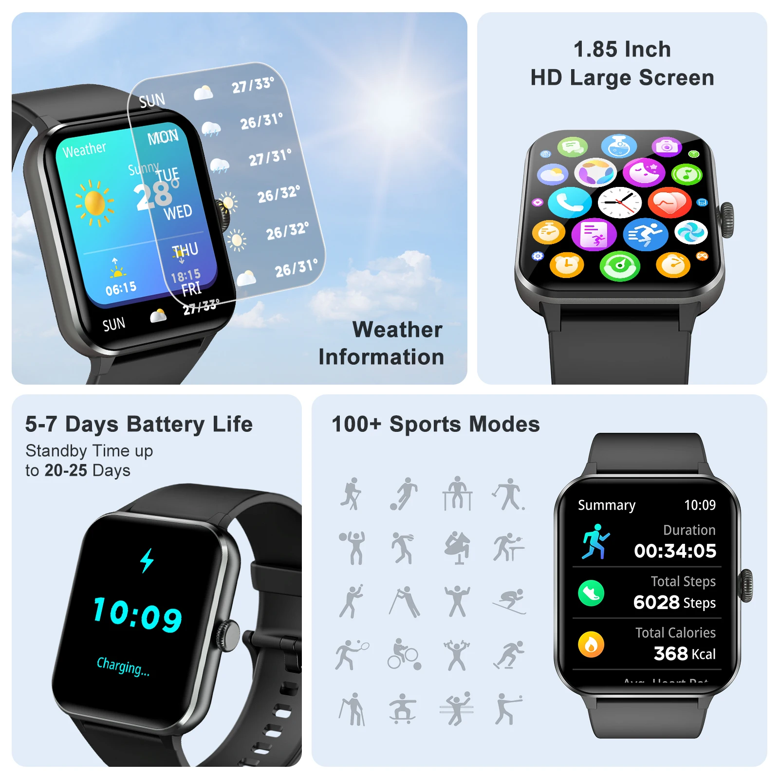 ساعة ذكية Blackview R50 مع مساعد صوت مكالمة بلوتوث 1.85 بوصة شاشة كبيرة عالية الدقة لتتبع اللياقة البدنية للرجال مراقبة النوم