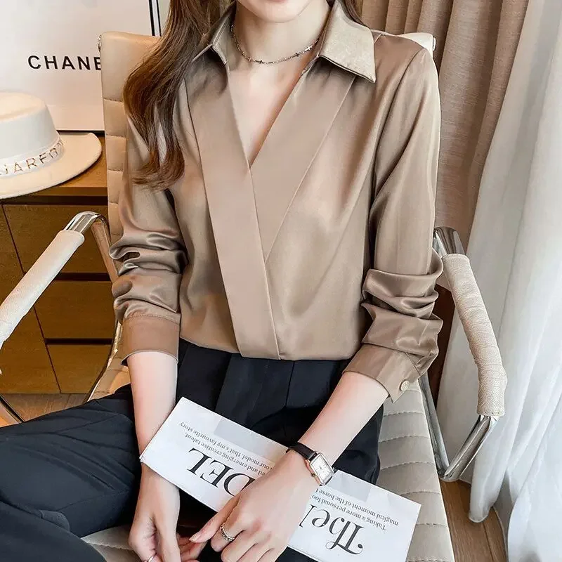 

Spring and Autumn High End Western Style Commuting Simple V-neck Solid Color Long Sleeved Loose Oversized Versatile Shirt L272