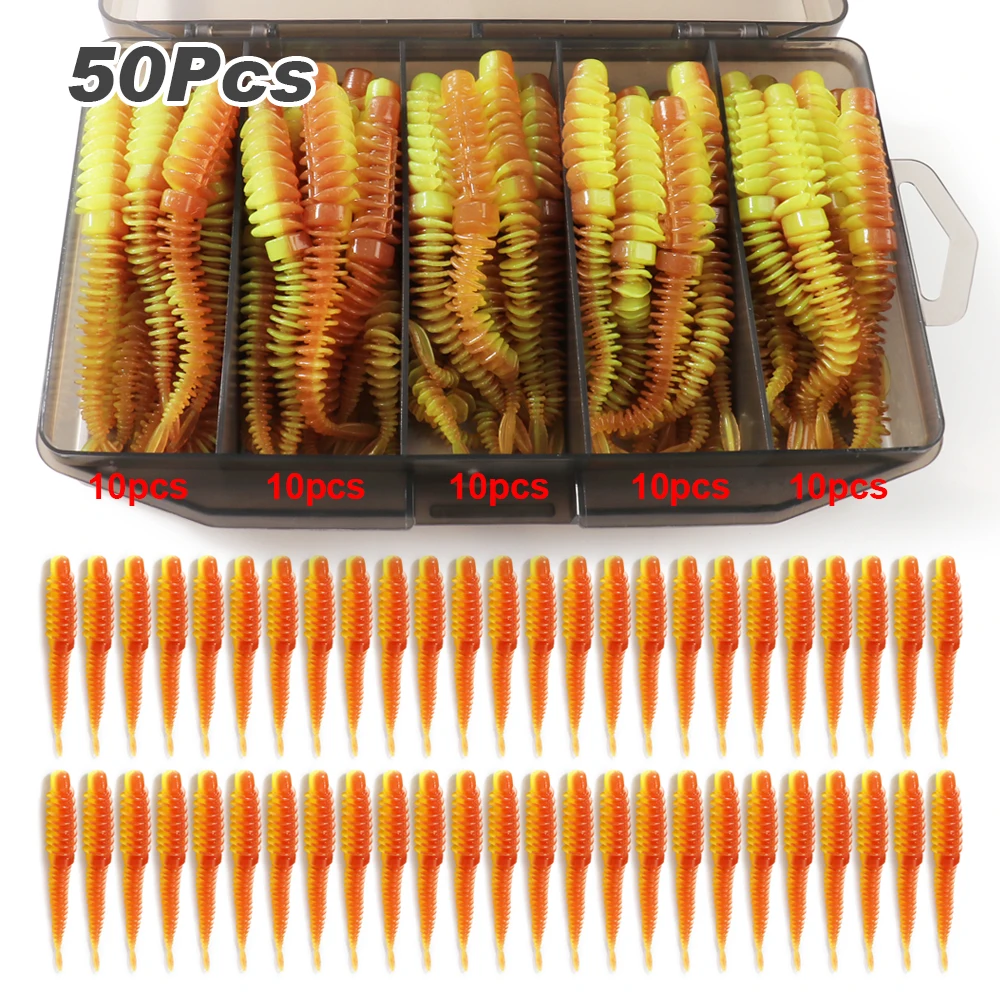 50 Stück/Box Weiche Köder 6,5cm 7,5cm 8,5cm TPE-Wurm mit Jighaken Karpfenangeln Pesca Swimbait-Ausrüstung Fischgeschmack Angelzubehör-Box Köder