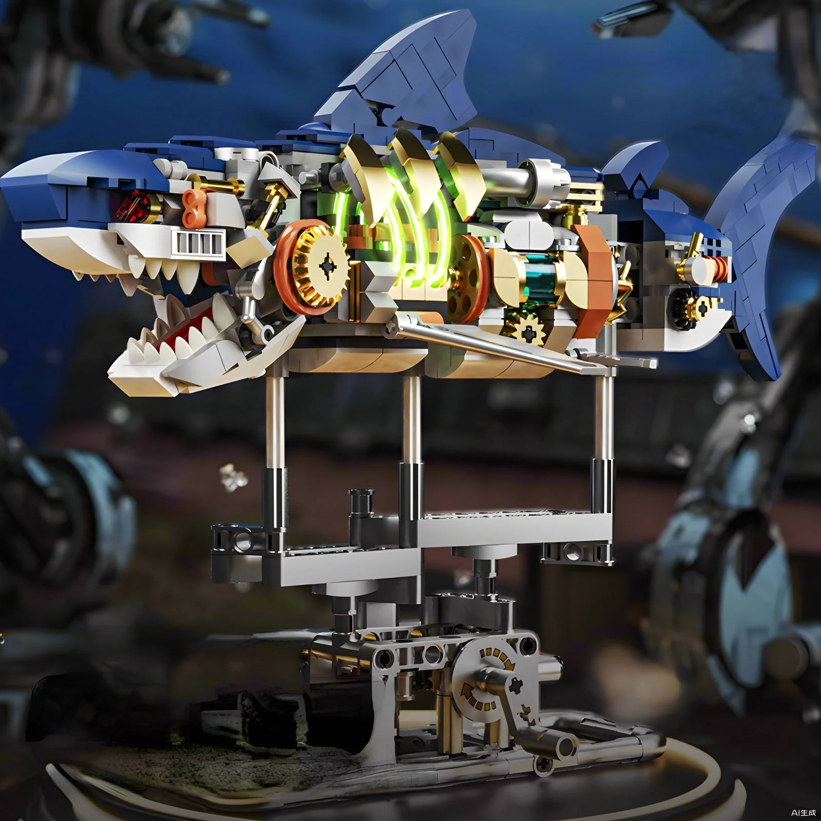 687 STKS MOC Mechanische Haai Bouwsets Mariene Organismen Bouwstenen Model Kits Met Display Stand En Verlichting Cadeau voor Kinderen
