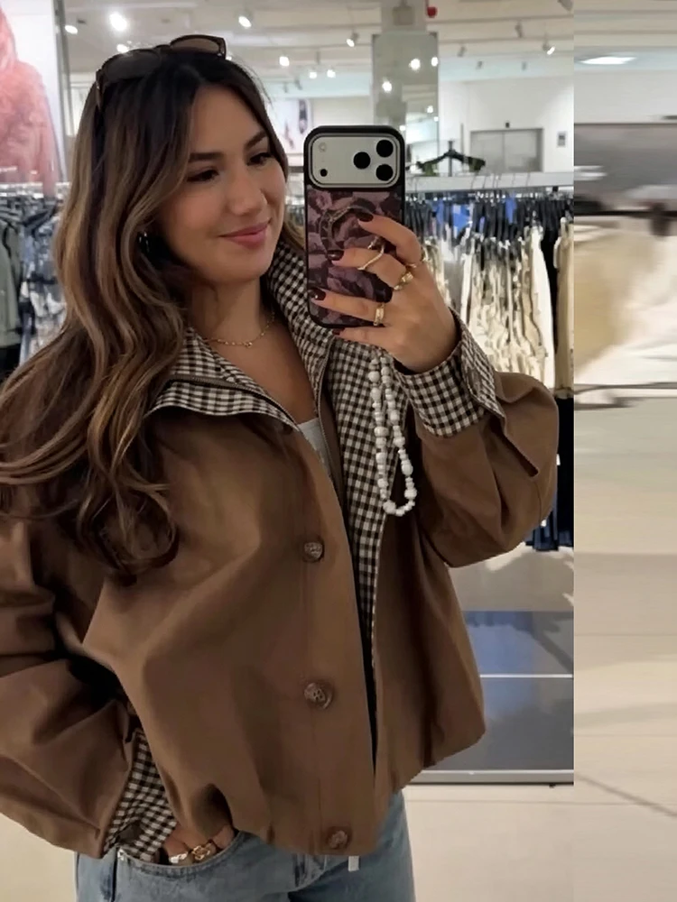 Women Brown Cropped Bomber Jacket Plaid Lining Stand Collar Zipper Up Long Sleeve Loose Casual Outerwear Female Short Coat