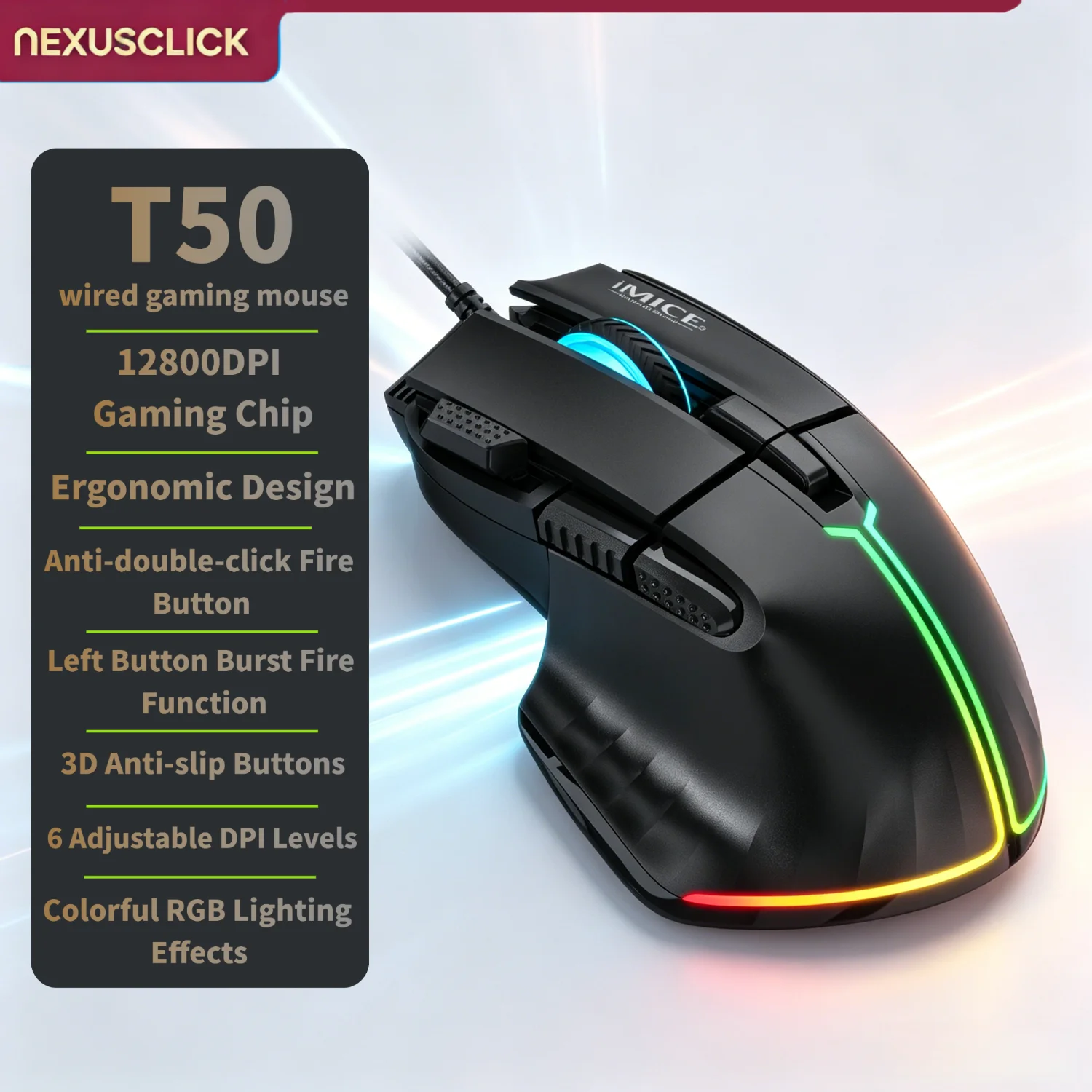 NexusClick New Hyperspeed USB Wired Gaming Mouse,12800DPI Gaming Chip RGB Backlit Ergonomic 3D Esports Mice for Laptop PC Gamers