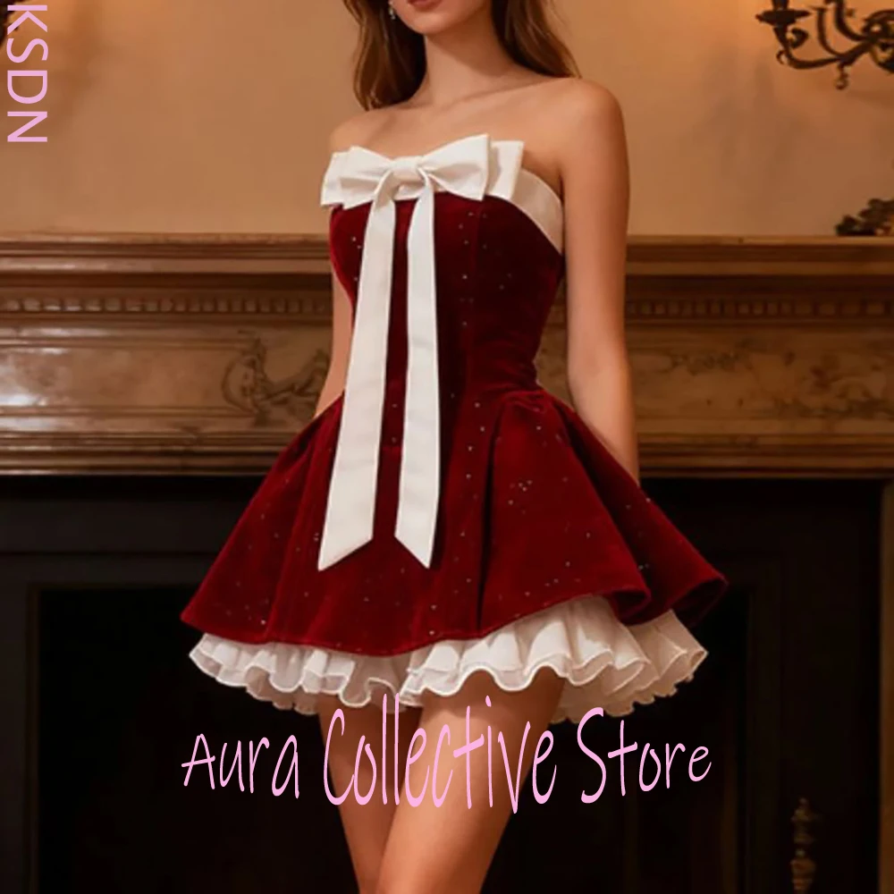 

Burgundy Velvet Strapless Women Mini Dress with Large White Bow Ruffled Hem for Party Evening Prom Cocktail Formal Wear