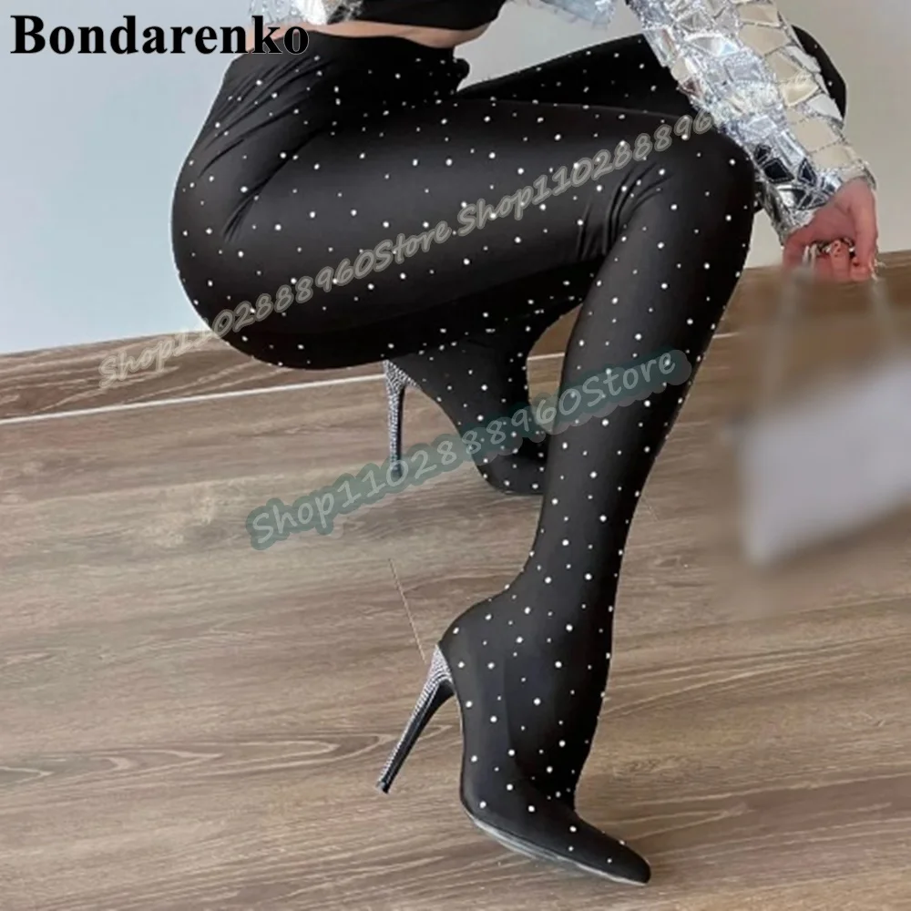 

Waist High Black Elastic Crystals Trouser Boots Thin High Heel Shoes For Women Slip On Pointed Toe Occidental Zapatos Para Mujer