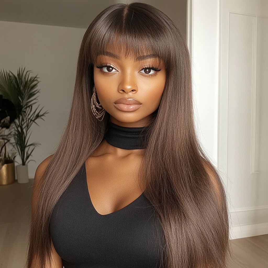 

Lekker Chocolate Brown Bone Straight 100% Human Hair Wig With Bangs For Women Brazilian Remy Hair Full Machine Made 20" Long Wig