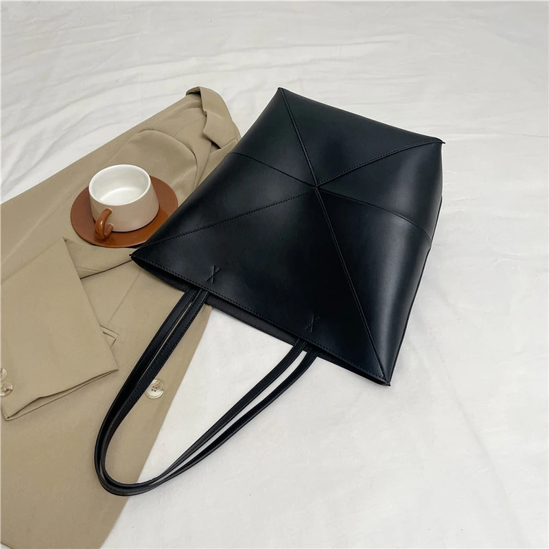 Große Kapazität Tasche Für Frauen Pu Leder Handtasche Designer Eimer Schulter Tasche Weibliche Top Griff Tote Einfache Reisetasche Schwarz – Detail 8