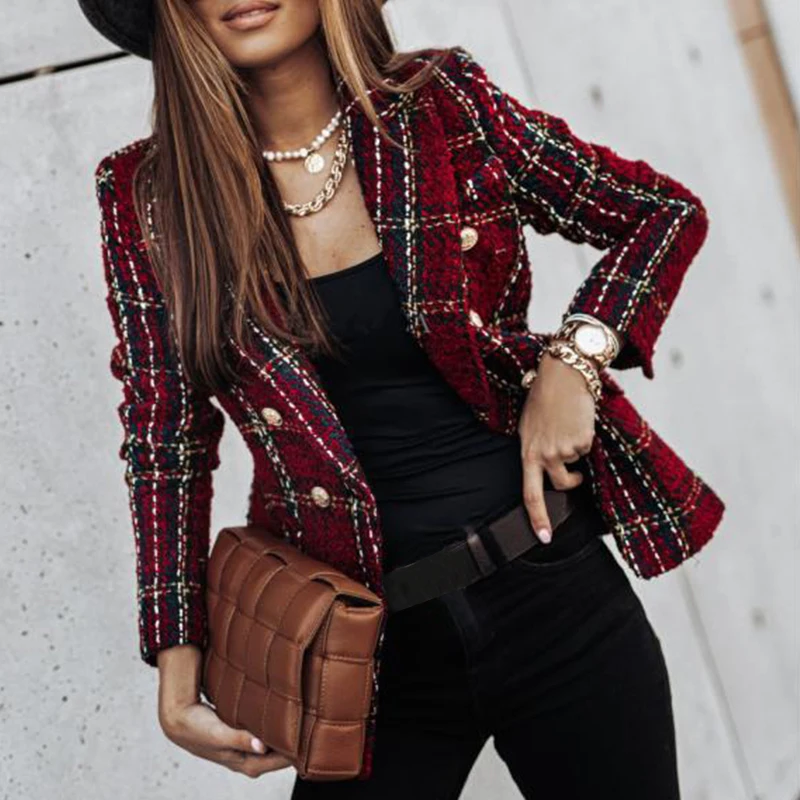 Ladies Plaid Blazer 2022 Women Spring-Autumn Vintage Suits Jackets Office Ladies Chic Slim Blazers Girls Tassel Tops Coat FW1987