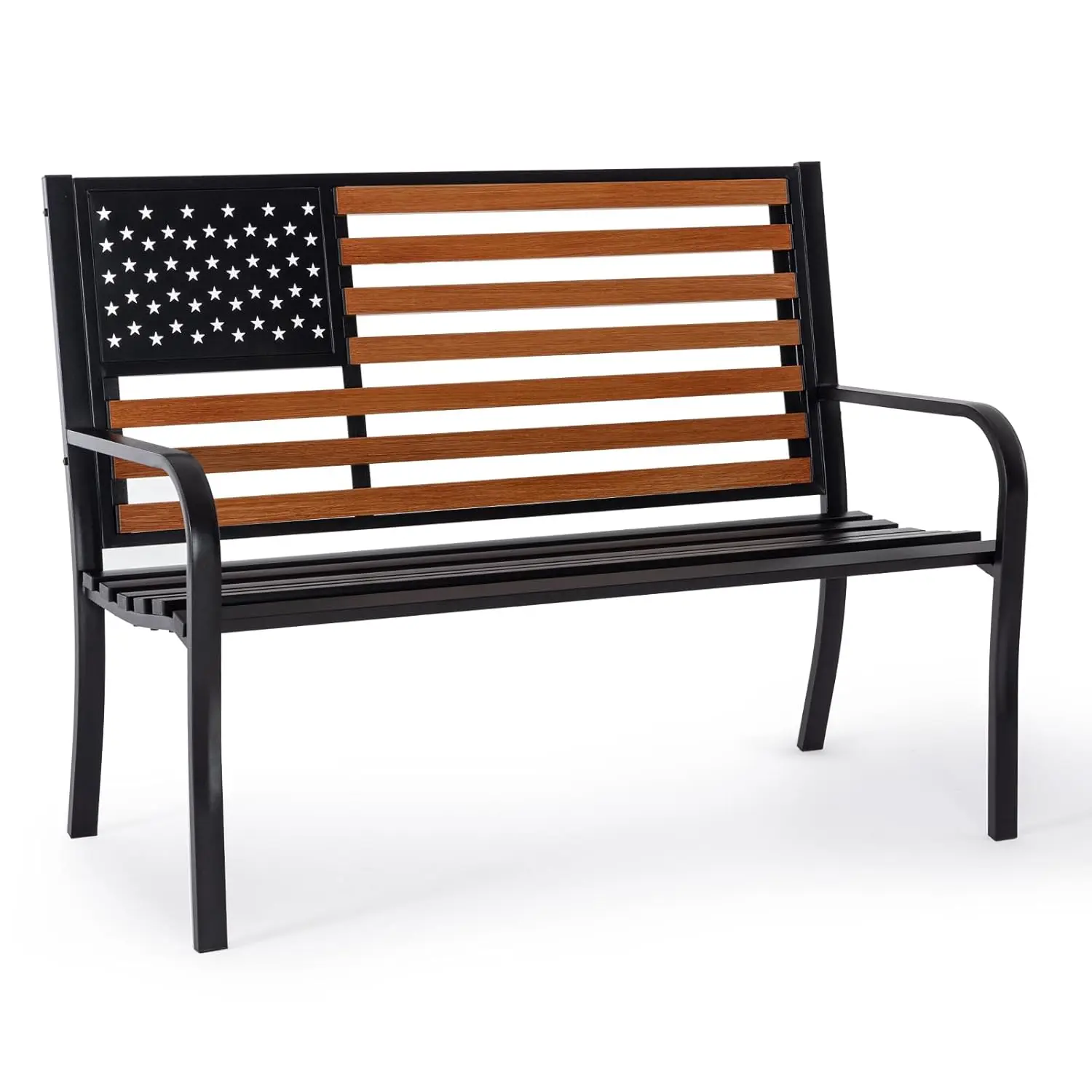 

50” Outdoor Bench Garden Bench with American Flag Style, Sturdy Cast Iron Metal Frame Patio, Customized