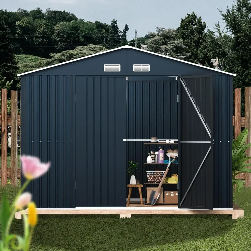 10X12X7.5 FT Outdoor Steel Storage Shed with Lockable Doors, 2 Windows, Transparent Roof Panels for Garden, Backyard, Patio