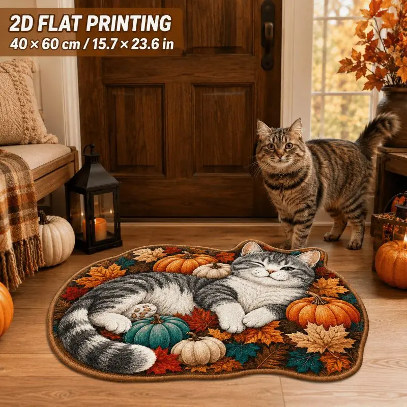 VIKAMA Fall Season Cat Shaped Floor Mat Non Slip Pumpkin Maple Leaf Rug Front Door Bathroom Bedroom Home Decor Yard Porch Patio