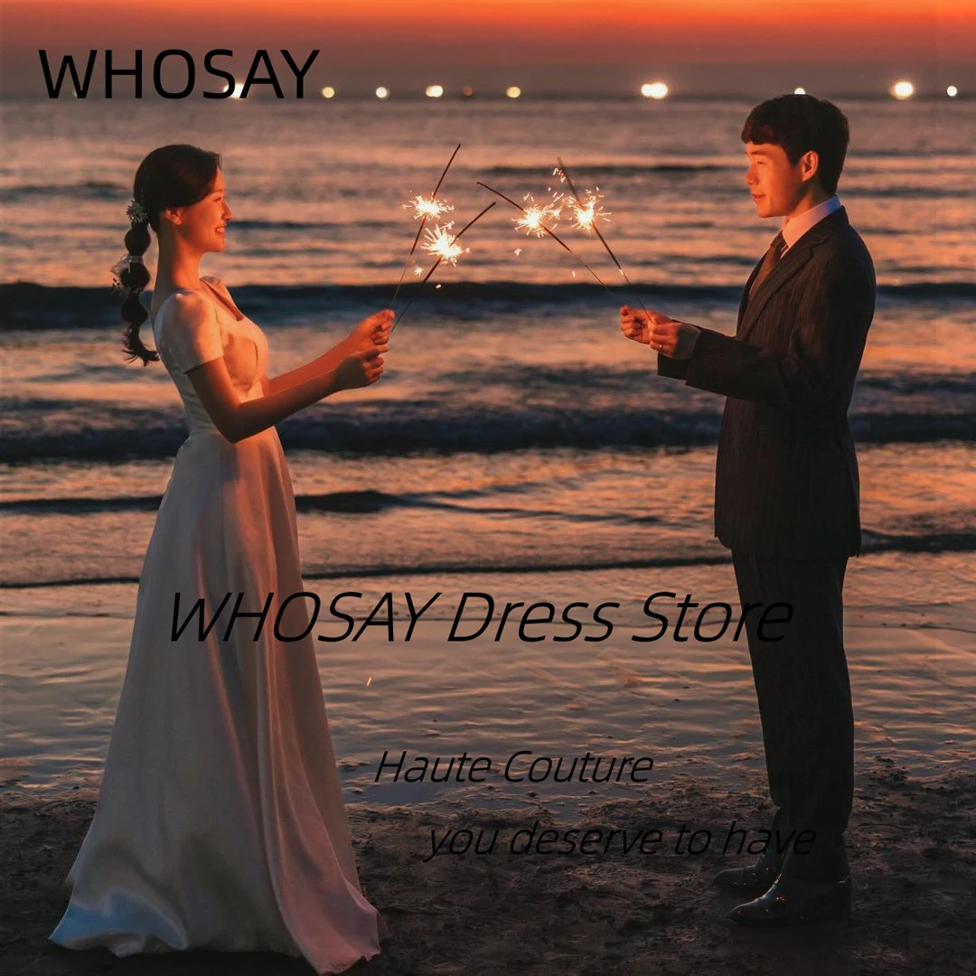 

WHOSAY Romantic Beach Wedding Dresses Square Neck Short Sleeves Formal Occasion Dress Satin A Line Korea Women Vestidos De Noche