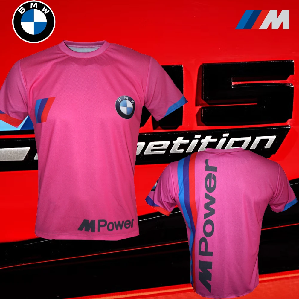 BMW M PINK 2025 رجل سباق السيارات تي شيرت الصيف سريعة الجافة قصيرة الأكمام رياضة السيارات القمم تنفس السيارات سباق مروحة المحملة