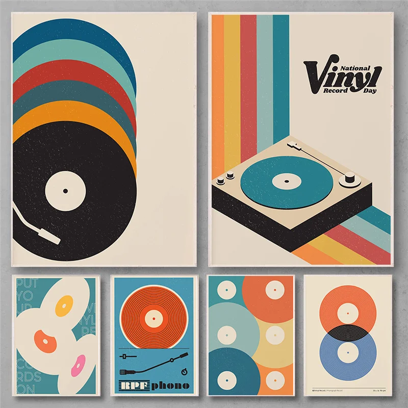 Retro Vinyl Record Print Mid Century Music Minimal Pastel Poster Colorful Wall Art Trendy Minimalist Turntable Home Room Decor